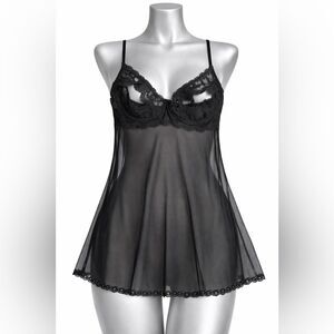 Vtg Shirley of Hollywood Lingerie Size (S-M) Mesh & Lace Black Babydoll peekaboo